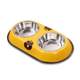 YINWANBB stainless steel dog bowl set with dual bowls on a yellow bear-base.