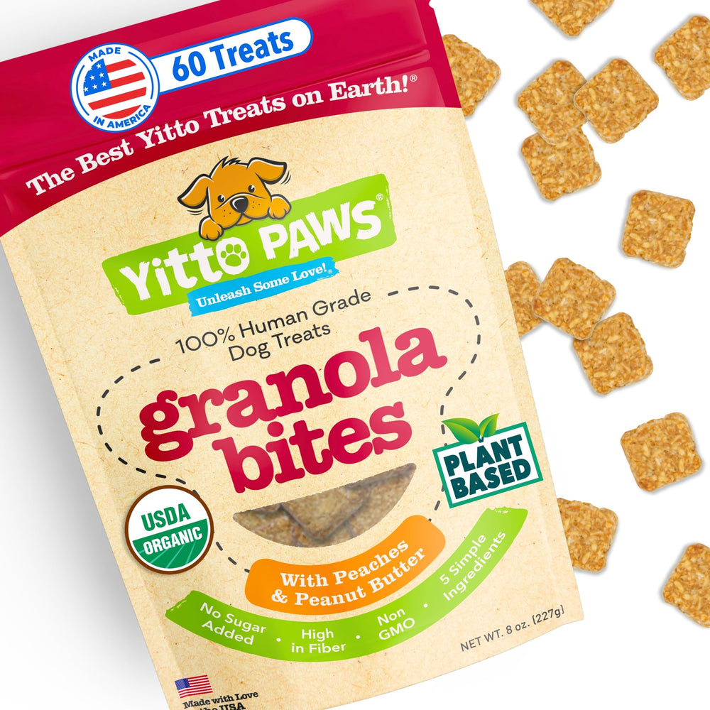 Yitto Paws organic dog treats bag front shows premium ingredients for training rewards.