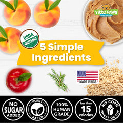 Yitto Paws peach-ingredient closeup highlights organic peaches in the recipe for healthy snacking.