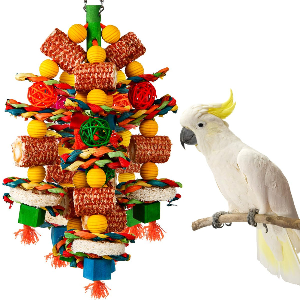 YIXUND bird toy close-up with corn cob and loofah slices for safe chewing