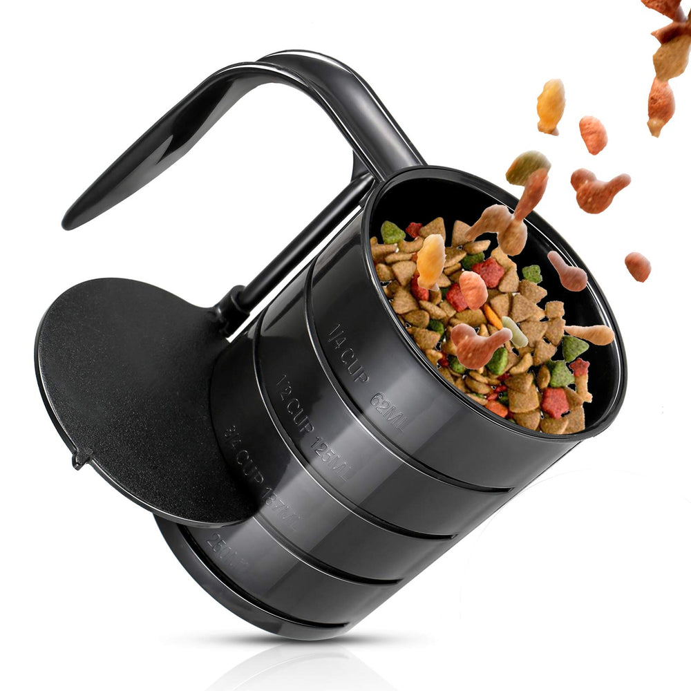 YJOVOJY pet food scoop with 4-in-1 disc adjustment for precise portions.