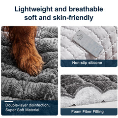 YJSMMXY fuzzy pet sofa cover offers cozy warmth for pets on a dark gray sofa.