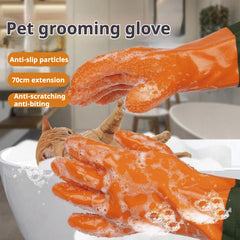 YOFANG dog-grooming-gloves with soft particles for deep-cleaning and skin-safe brushing.