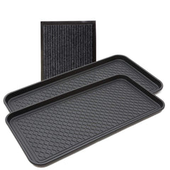 Yolju 2-pack multi-purpose tray in entryway holding boots to reduce mess.