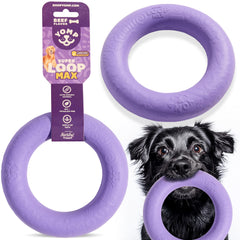 Yomp SuperLoop Max dog chew ring shows durable rubber for tough chewers, lasting longer.