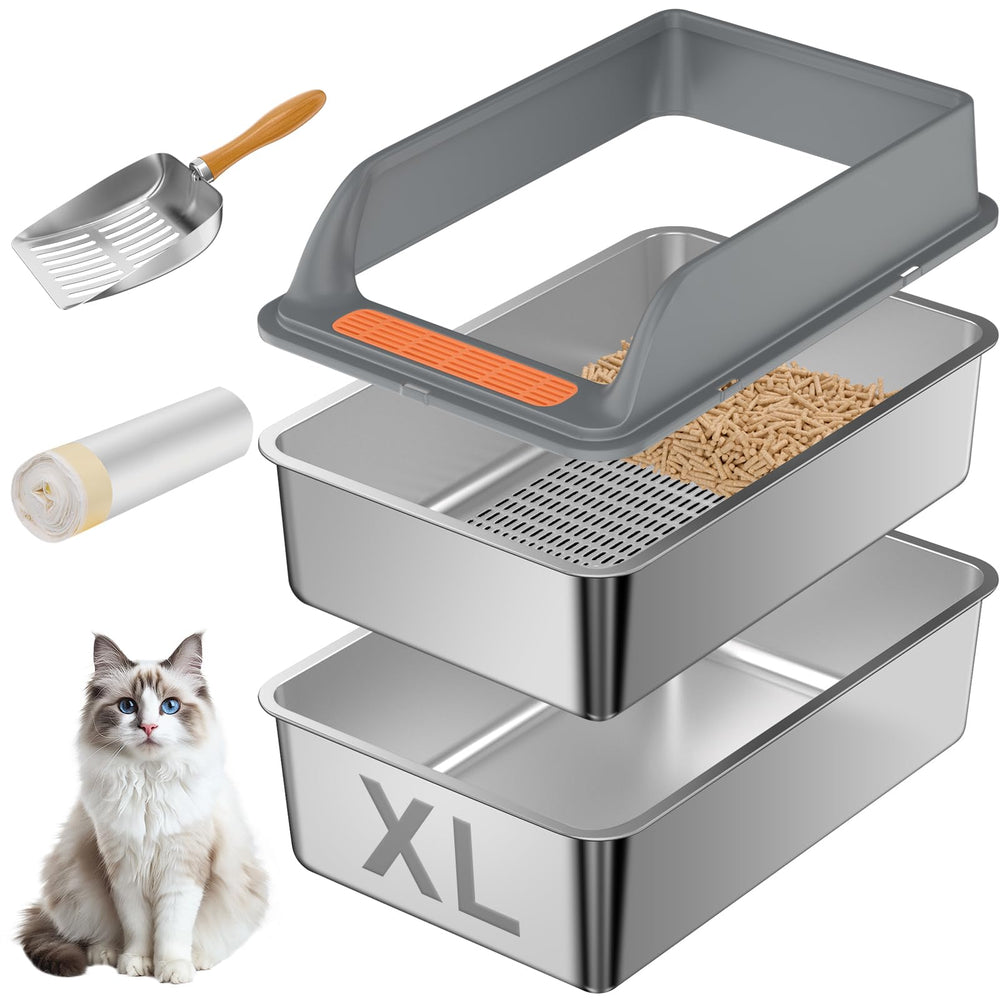 Yoochee stainless steel sifting litter box XL top view shows rust-proof odor-control design.