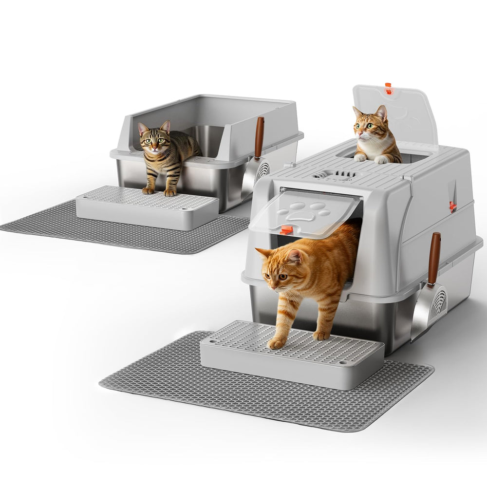 Yooson semi-enclosed litter box demonstrates reduced litter tracking for cleaner floors.