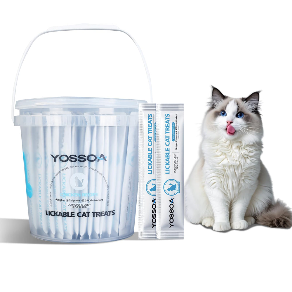 YOSSOA 100Tubes cat-treat-squeeze image highlights hand-feeding bonding and tasty nutrition.