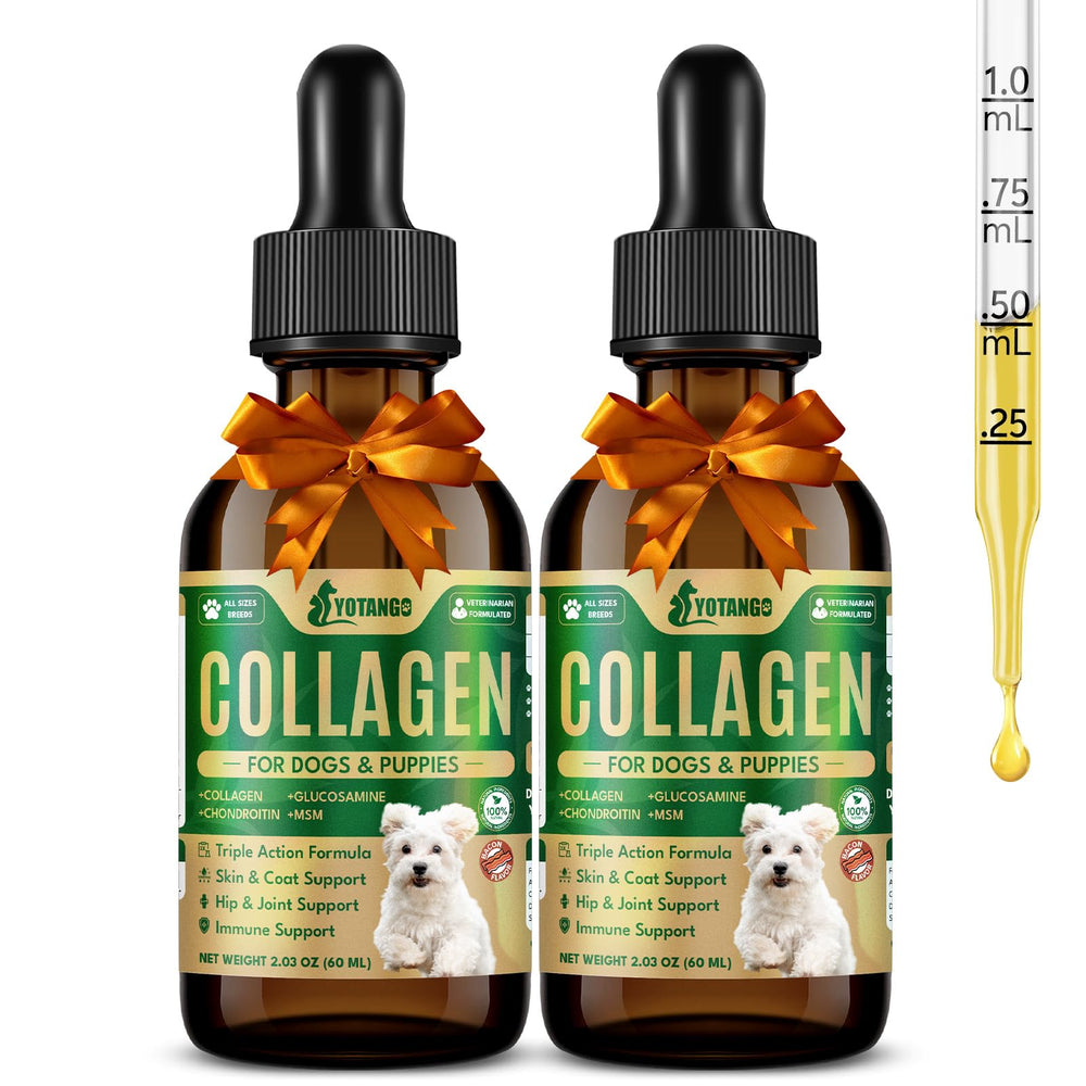 YOTANGO liquid collagen for dogs in bacon bottle supports joint comfort and daily activity.