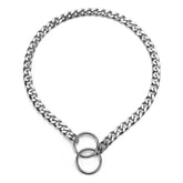 YOUALSO flat chain dog collar close-up in silver highlights durable metal links for reliable training cues.