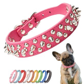 YOUALSO hot pink spiked collar closeup reveals soft faux leather and comfortable wear.