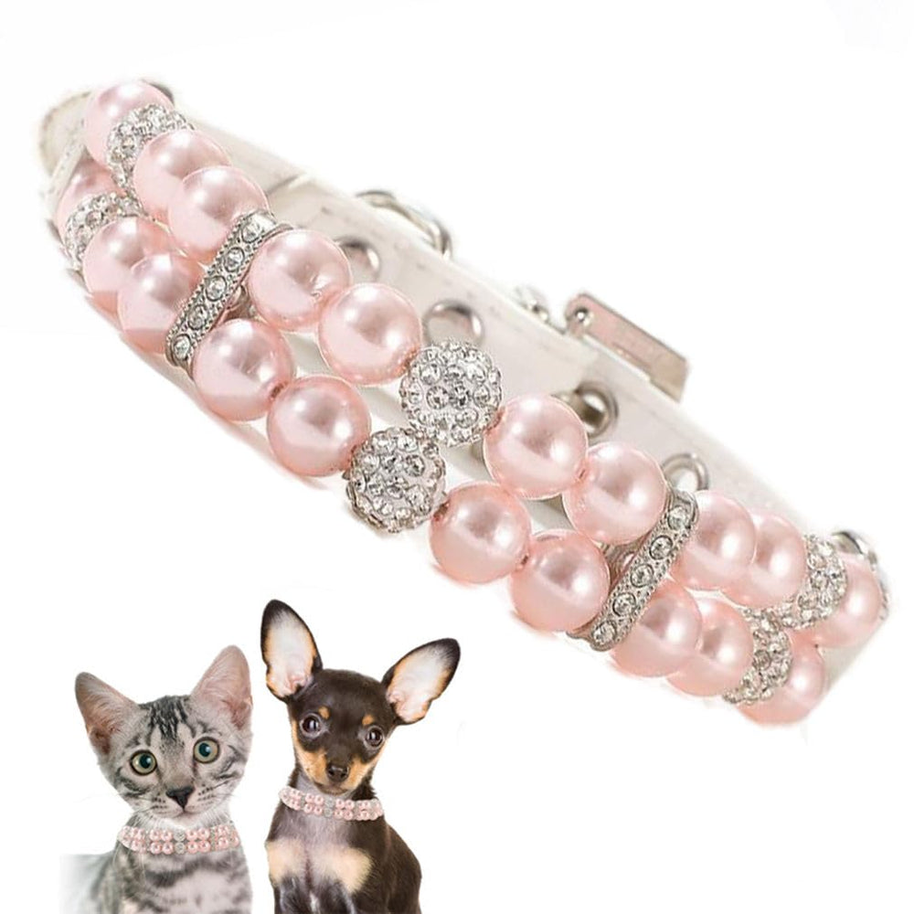 YOUALSO Pink Pearl Dog Collar close-up showing rhinestones for chic small pets.