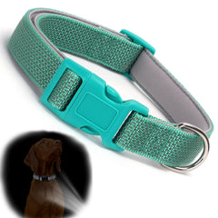 YOUALSO teal reflective dog collar XS closeup shows durable stitching for small dogs.