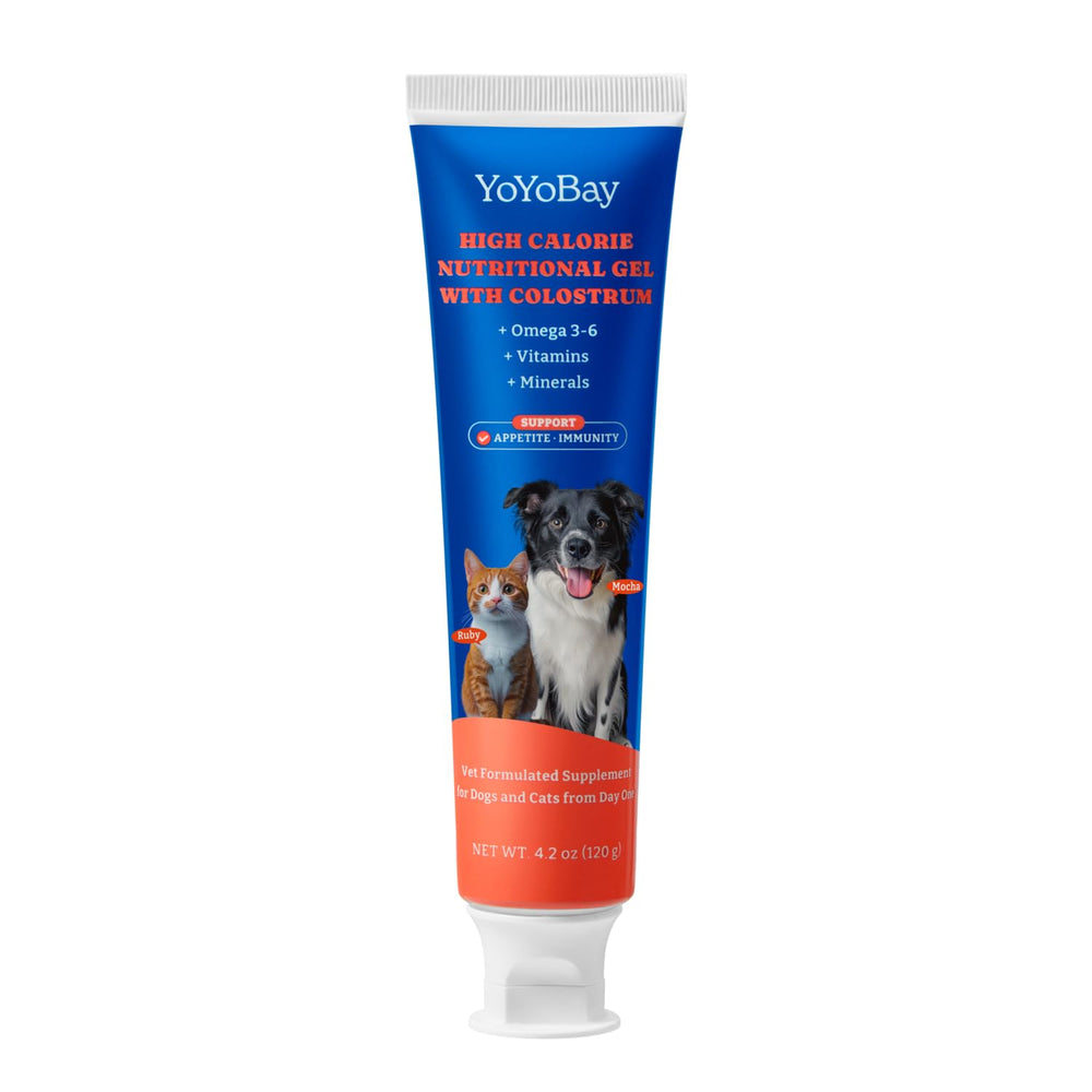 YoYoBay bovine colostrum nutritional gel bottle showing premium energy support for aging pets.