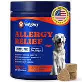 YoYoBay dog allergy relief chews bottle closeup highlights immune support and daily use.