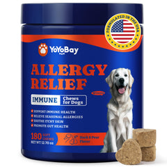 YoYoBay dog allergy relief chews bottle closeup highlights immune support and daily use.