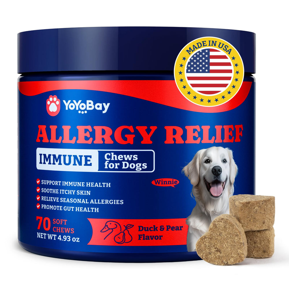 YoYoBay dog allergy relief chews bottle shows immune support for seasonal comfort.