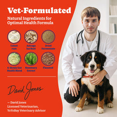 YoYoBay dog allergy relief chews packaging label shows natural ingredients and safety.