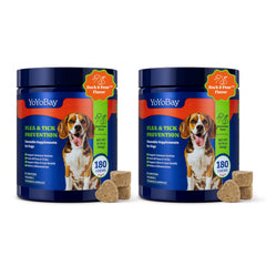 YoYoBay Duck & Pear chews in bottle front support long-term flea and tick prevention.