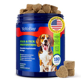 YoYoBay flea-tick chews bottle shows natural protection for dogs against pests.