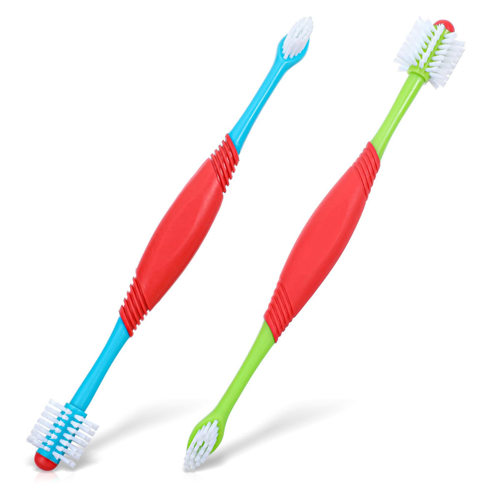 Yuanan dog teeth cleaning brush dual-head blue demonstrates 360-degree cleaning for small and large dogs