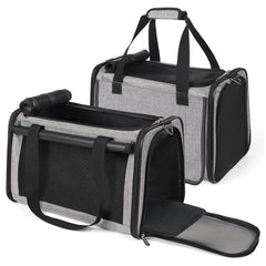 YUDODO cat carrier two-pack lightproof with side pockets keeps essentials organized during travel.