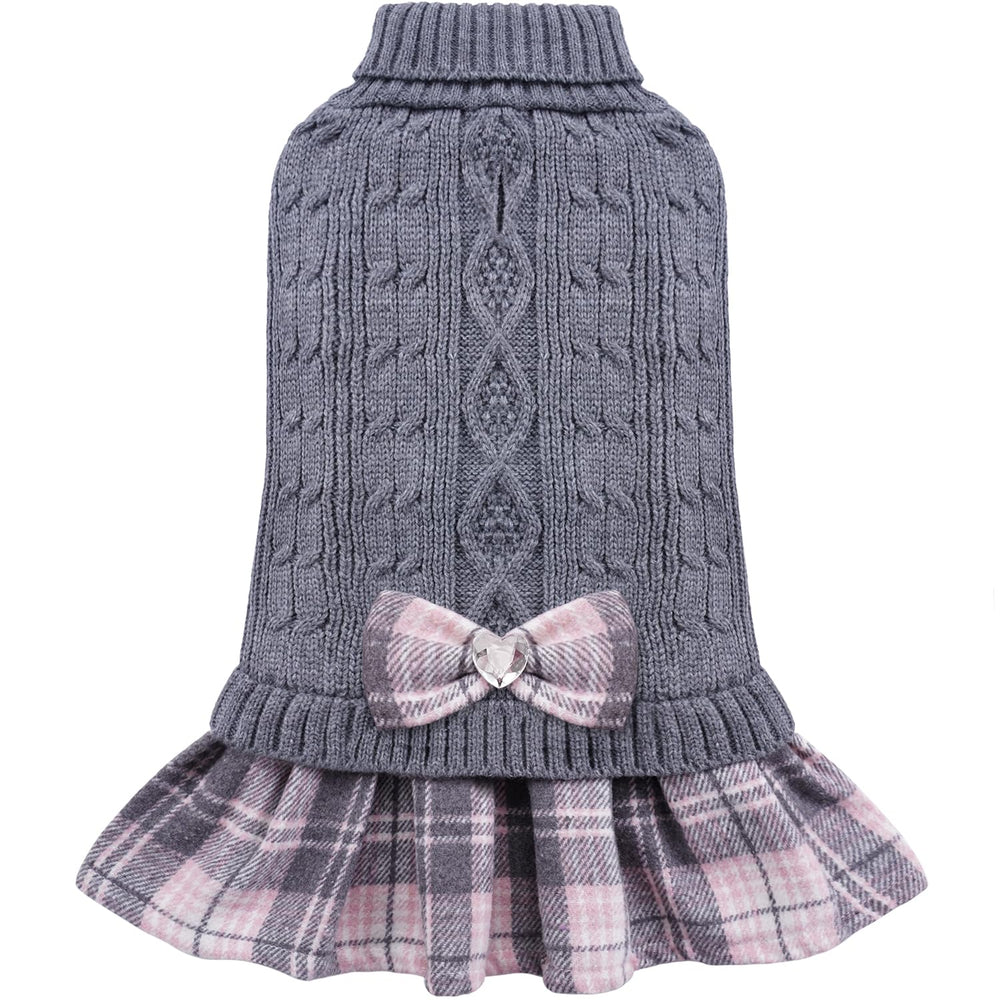 YUDODO dog sweater dress grey-pink close-up bowtie adds chic warmth for small dogs.