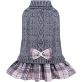 YUDODO dog sweater dress grey-pink close-up bowtie adds chic warmth for small dogs.