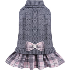 YUDODO dog sweater dress grey-pink close-up bowtie adds chic warmth for small dogs.