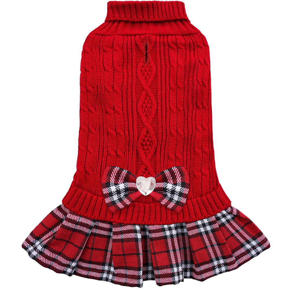 YUDODO dog sweater dress with plaid hem and rhinestone bow.