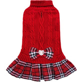 YUDODO dog sweater dress with plaid hem and rhinestone bow.