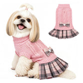 YUDODO small dog sweater dress with bowtie pink front view for cozy winter style.
