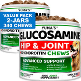 YUMA'S glucosamine chews bottle close-up showing joint support for mobility.