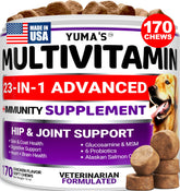 YUMA'S dog multivitamin chews with glucosamine in a bottle for joint support.