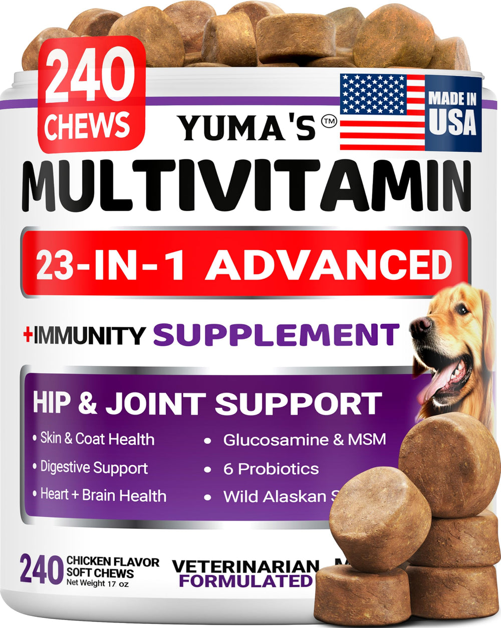 YUMA'S Dog Multivitamin chews bottle illustrates daily wellness and joint support