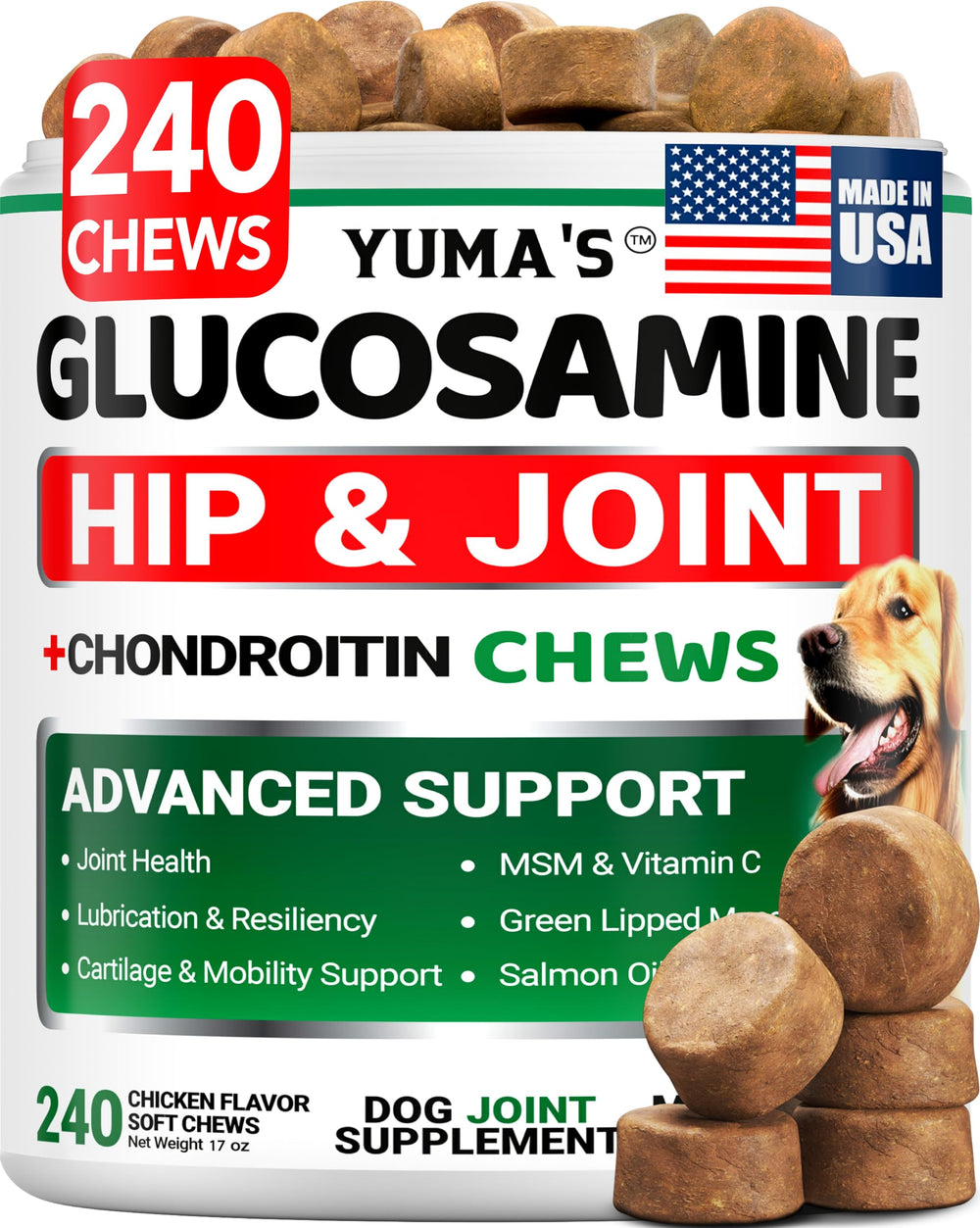 YUMA'S glucosamine dog chews close-up showcasing joint support benefits.