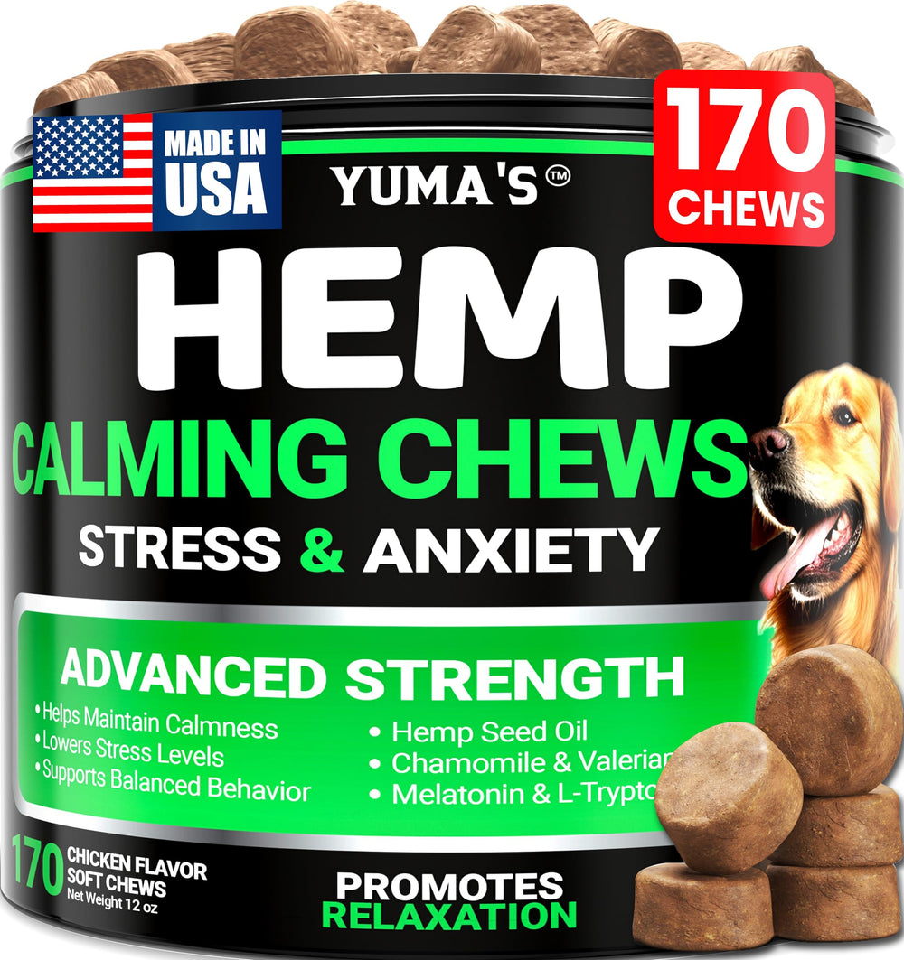 YUMA'S Hemp Calming Chews bottle close-up for anxious dogs