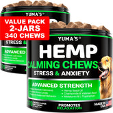 YUMA'S hemp calming chews bottle close-up showing calming ingredients for anxious dogs