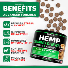 YUMA'S Hemp Calming Chews close-up treats with beef flavor, highly palatable.