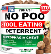 YUMA'S No Poo Chews bottle label close-up showing stool-deterrent benefits.