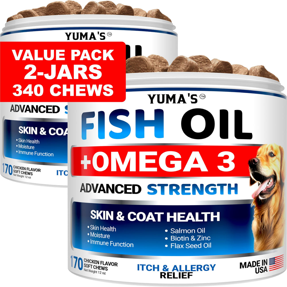 YUMA'S Omega 3 dog supplement bottle front showing two-pack for skin and coat support.