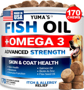 YUMA'S Omega 3 dog chews bottle close-up; supports healthy coat and skin comfort.