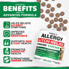 YUMA'S Dog Allergy Relief Chews closeup ingredients reveal omega-3-rich fish oil benefits.