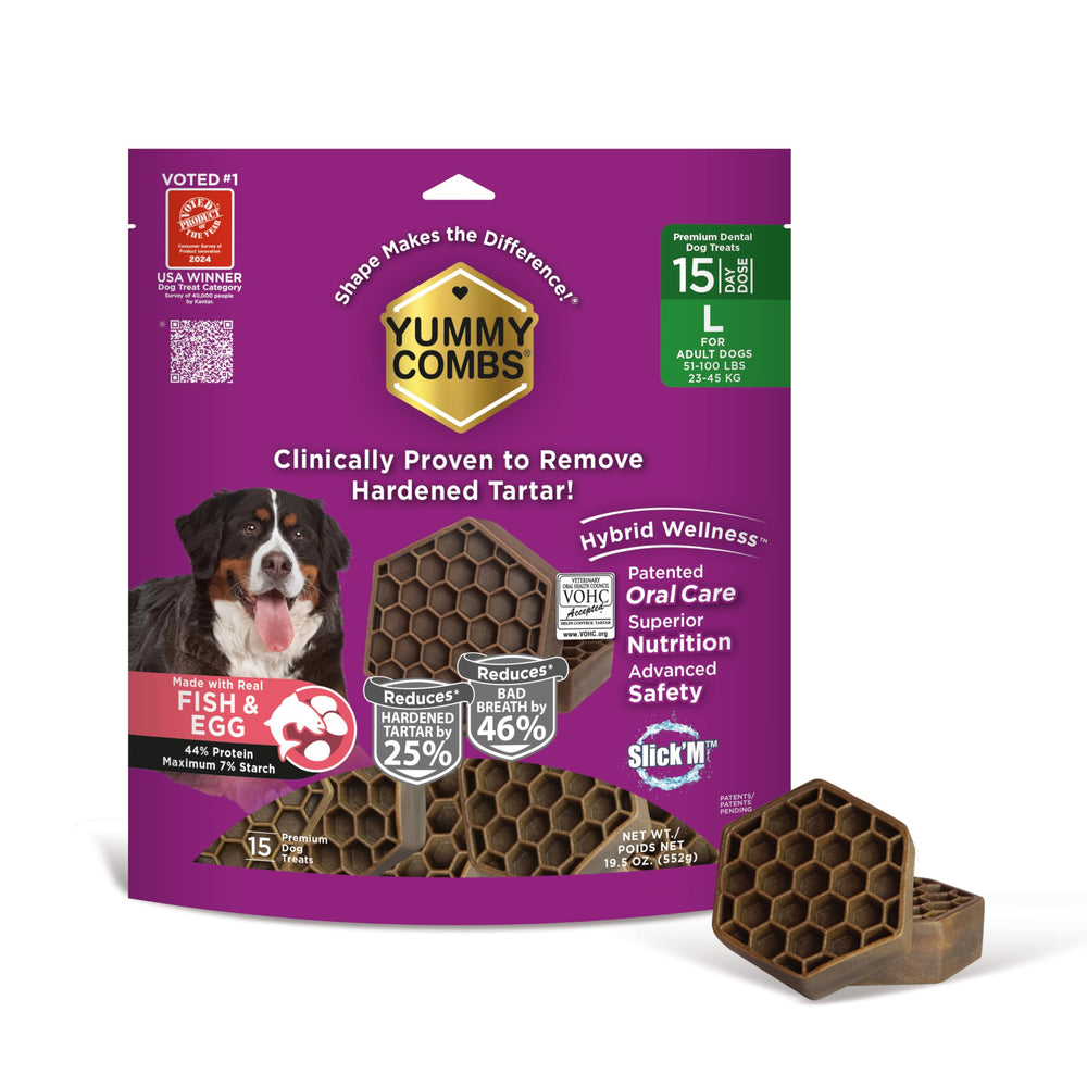 Yummy Combs dog dental treats pack front showing daily tartar control potential.