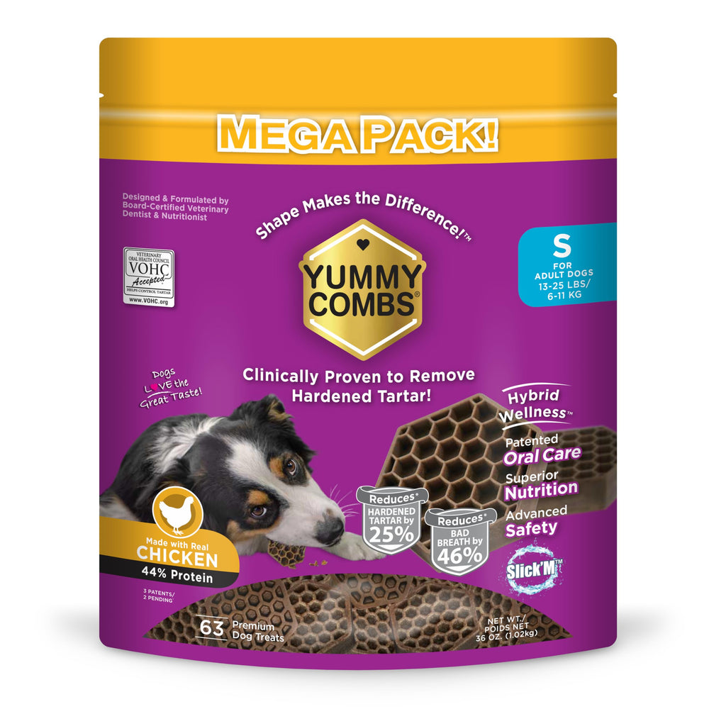 Yummy Combs dog dental treats packaging front highlights VOHC-approved formula for healthier chewing.