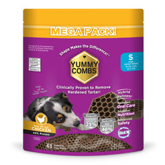 Yummy Combs dog dental treats packaging front highlights VOHC-approved formula for healthier chewing.