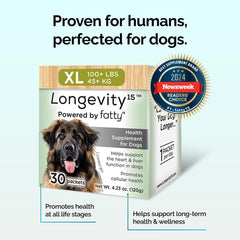 Yummy Combs Longevity15 3-pack packaging demonstrates convenient routine for consistent dog wellness.