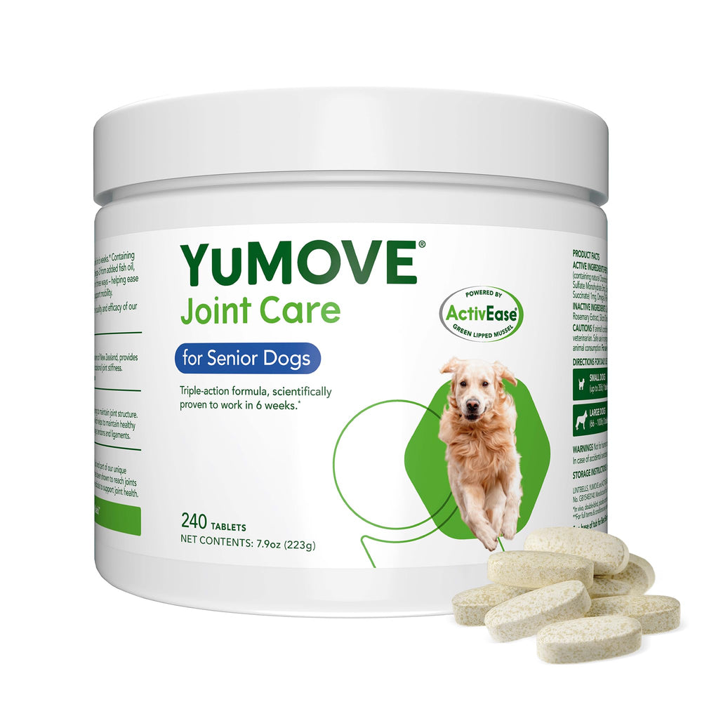 YuMOVE dog joint supplement bottle highlighting senior dog support and mobility benefits.