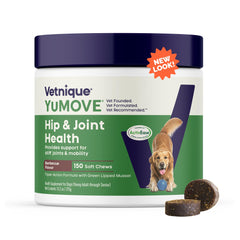 YuMOVE dog joint supplement bottle showing easy daily dosing for active dogs.