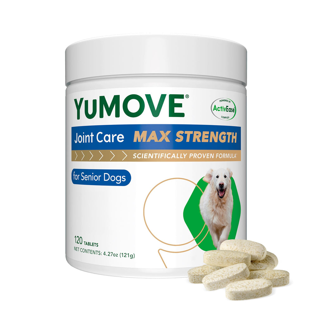 YuMOVE hip joint tablets beside a senior dog's bowl, supporting mobility and joint comfort.